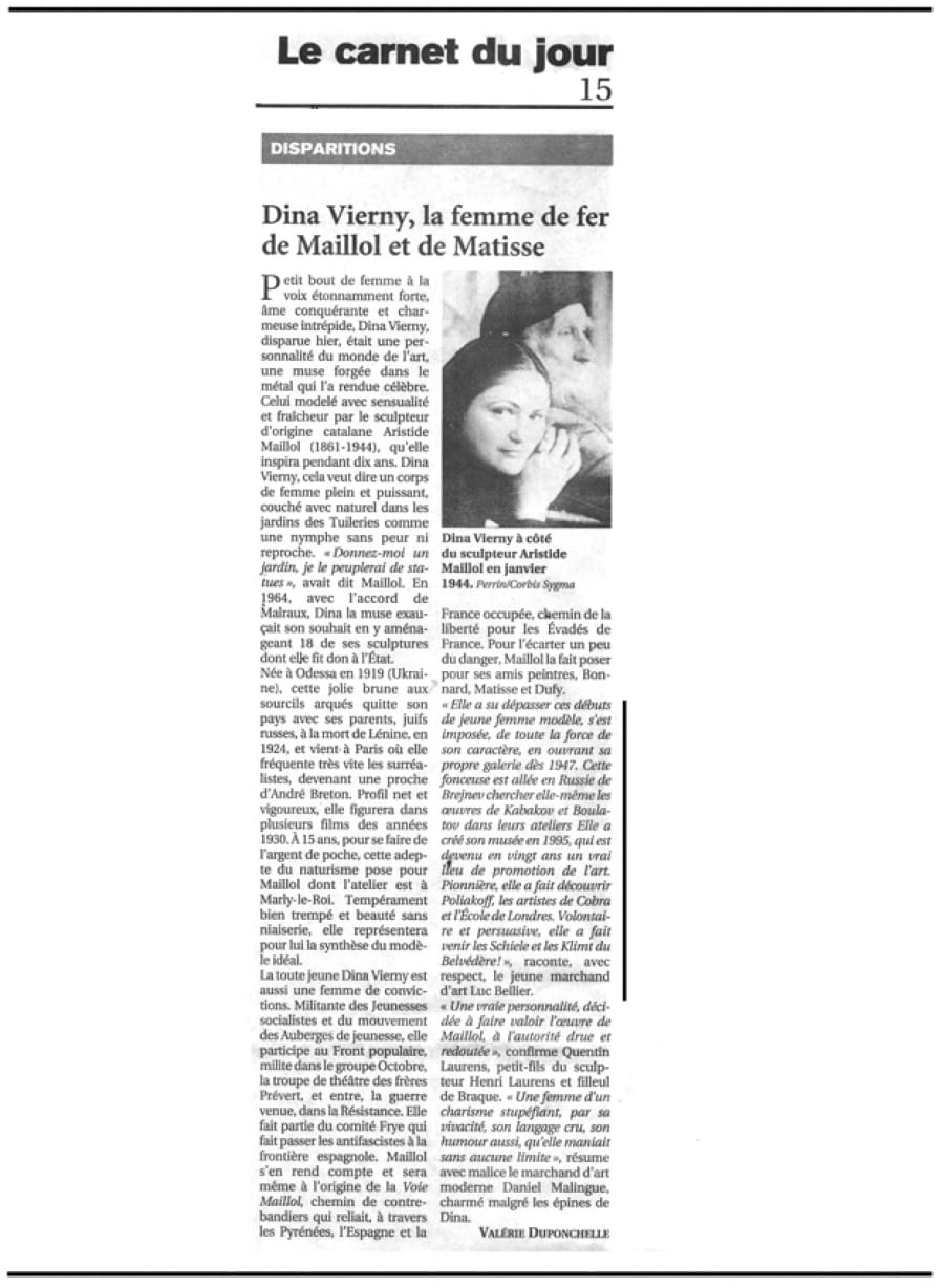 Coupure de presse — Dina Vierny, la femme de fer de Maillol et de Matisse.