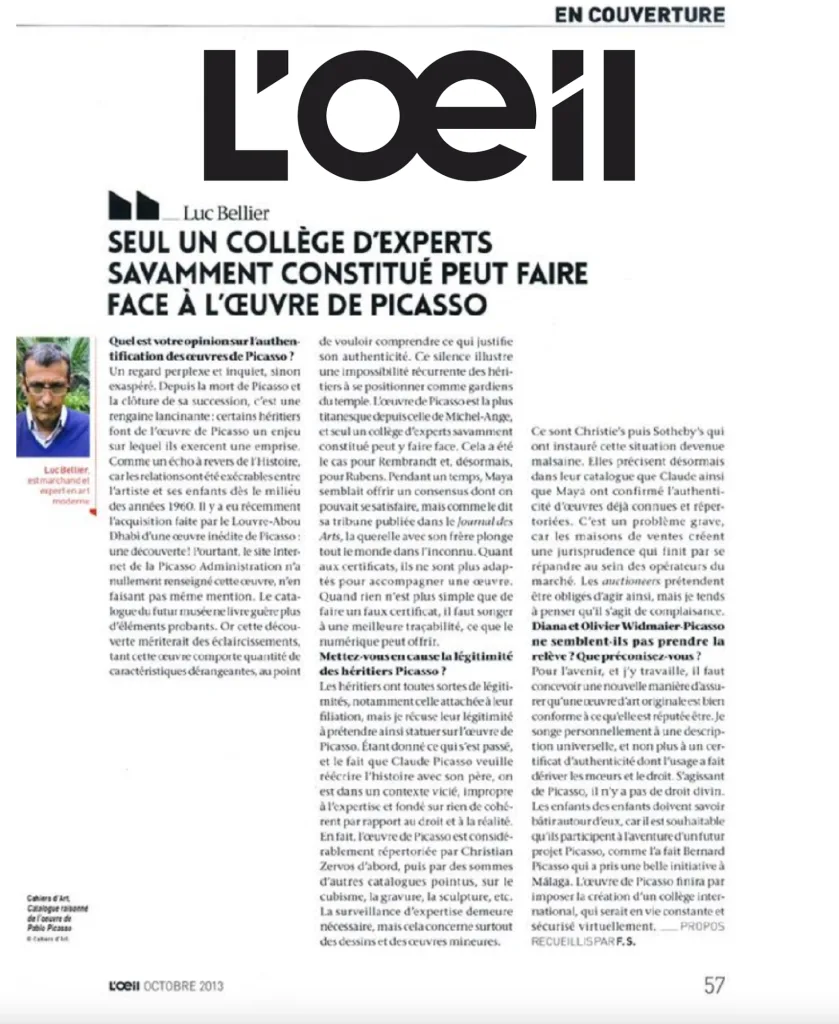 Coupure de presse — Seul un collège d’experts savamment constitué peut faire face à la complexité de l’œuvre de Picasso