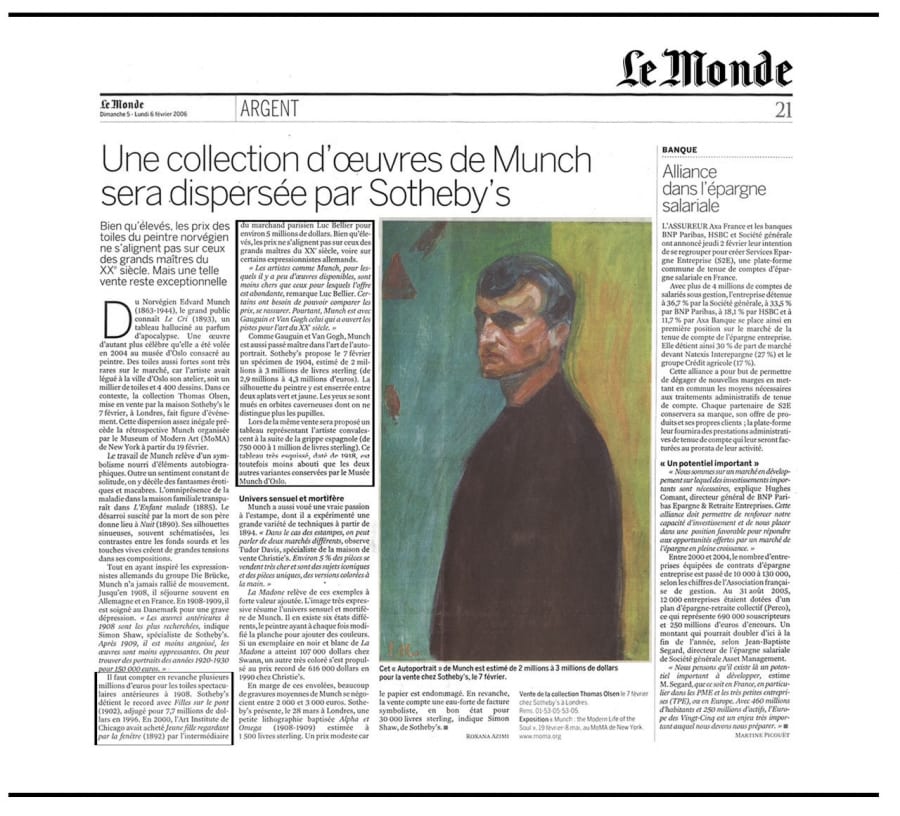 Coupure de presse — Une collection d'oeuvres de Munch sera dispersée par Sotheby's