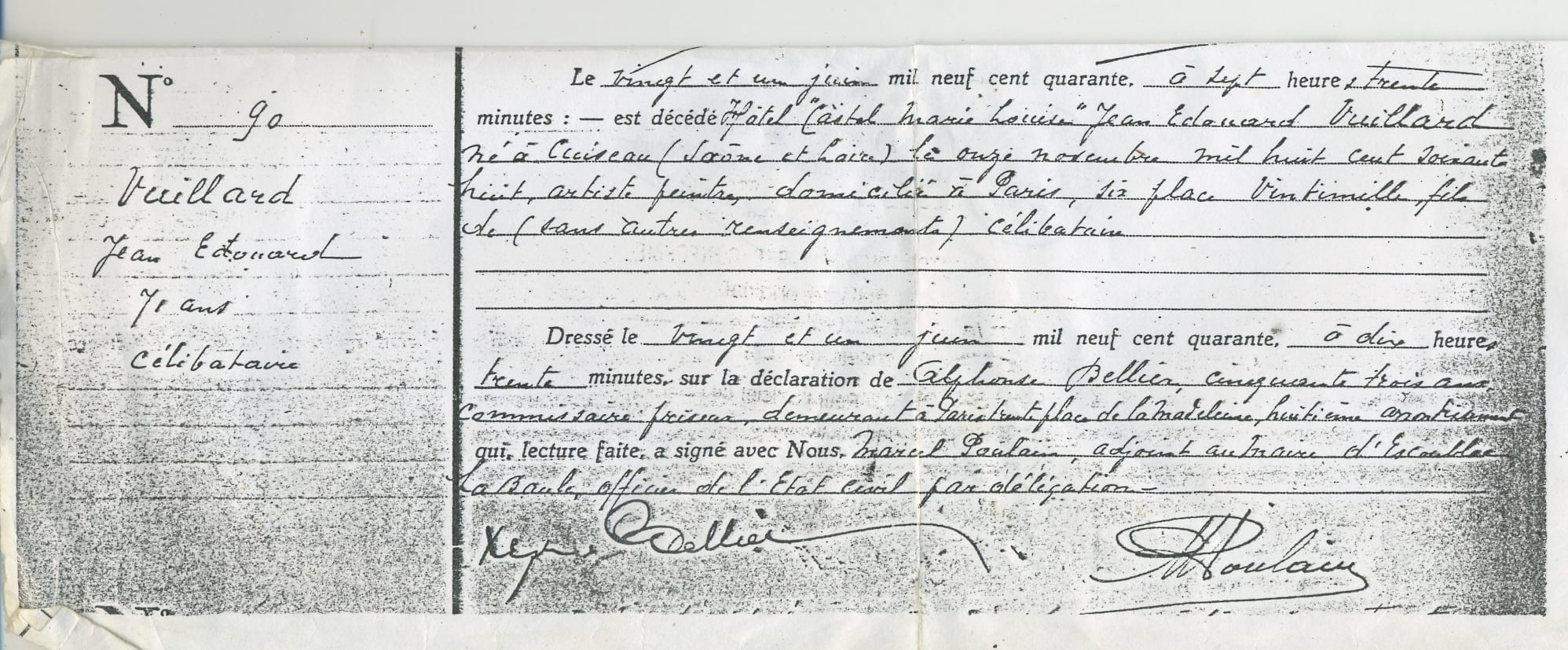 Certificat de décès d’Edouard Vuillard, 21 juin 1940, La Baule Escoublac, déclaré par Alphonse Bellier