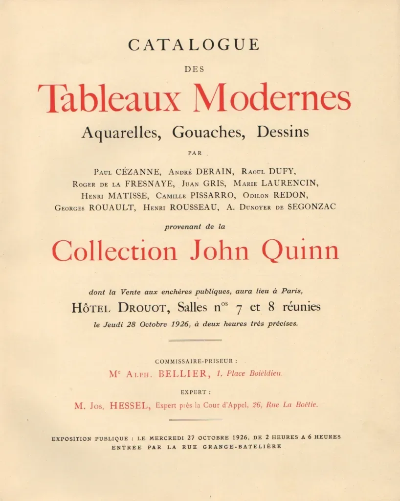 Catalogue des Tableaux Modernes provenant de la Collection John Quinn, vente aux enchères publiques, Hôtel Drouot, Paris, 28 octobre 1926. Commissaire-priseur : Mᵉ Alphonse Bellier ; expert : Jos. Hessel.