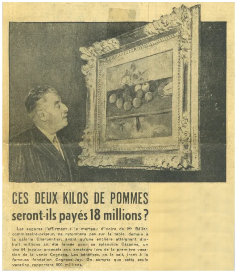 Alphonse Bellier lors de la dispersion de la collection Gabriel Cognacq à la galerie Charpentier en 1952. Presse d’époque, Le Figaro.