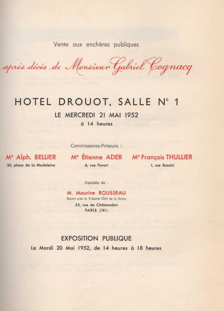 Catalogue officiel de la vente Gabriel Cognacq (Hôtel Drouot, 1952), co-dirigée par Alphonse Bellier et Étienne Ader.