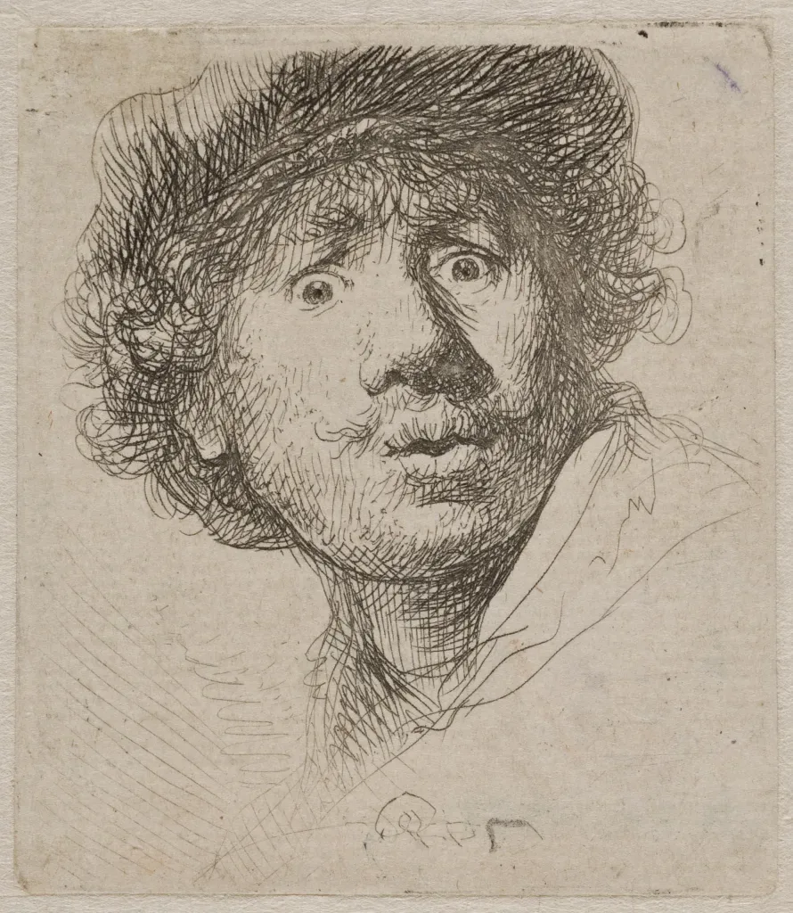 Rembrandt Harmensz. van Rijn: Autoportrait effaré, 1630 NMG B 26/1977, eau-forte et pointe sèche.