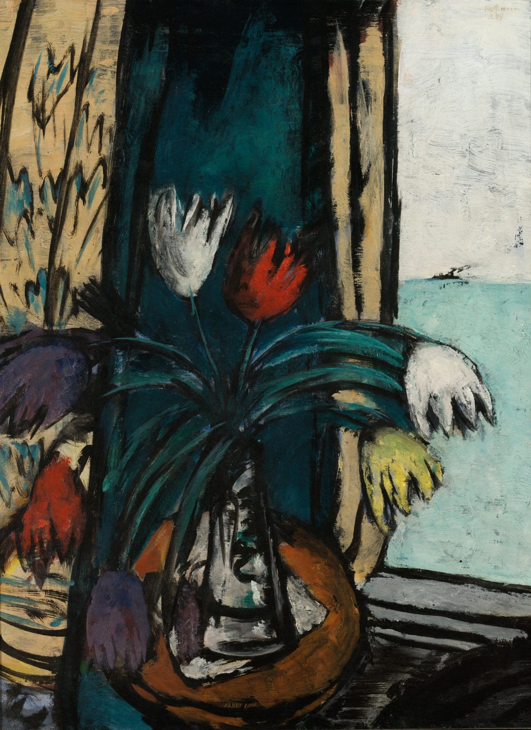 Max Beckmann, Stilleben mit Tulpen und Ausblick auf Meer, 1940 Max Beckmann, Stilleben mit Tulpen und Ausblick auf Meer, 1940